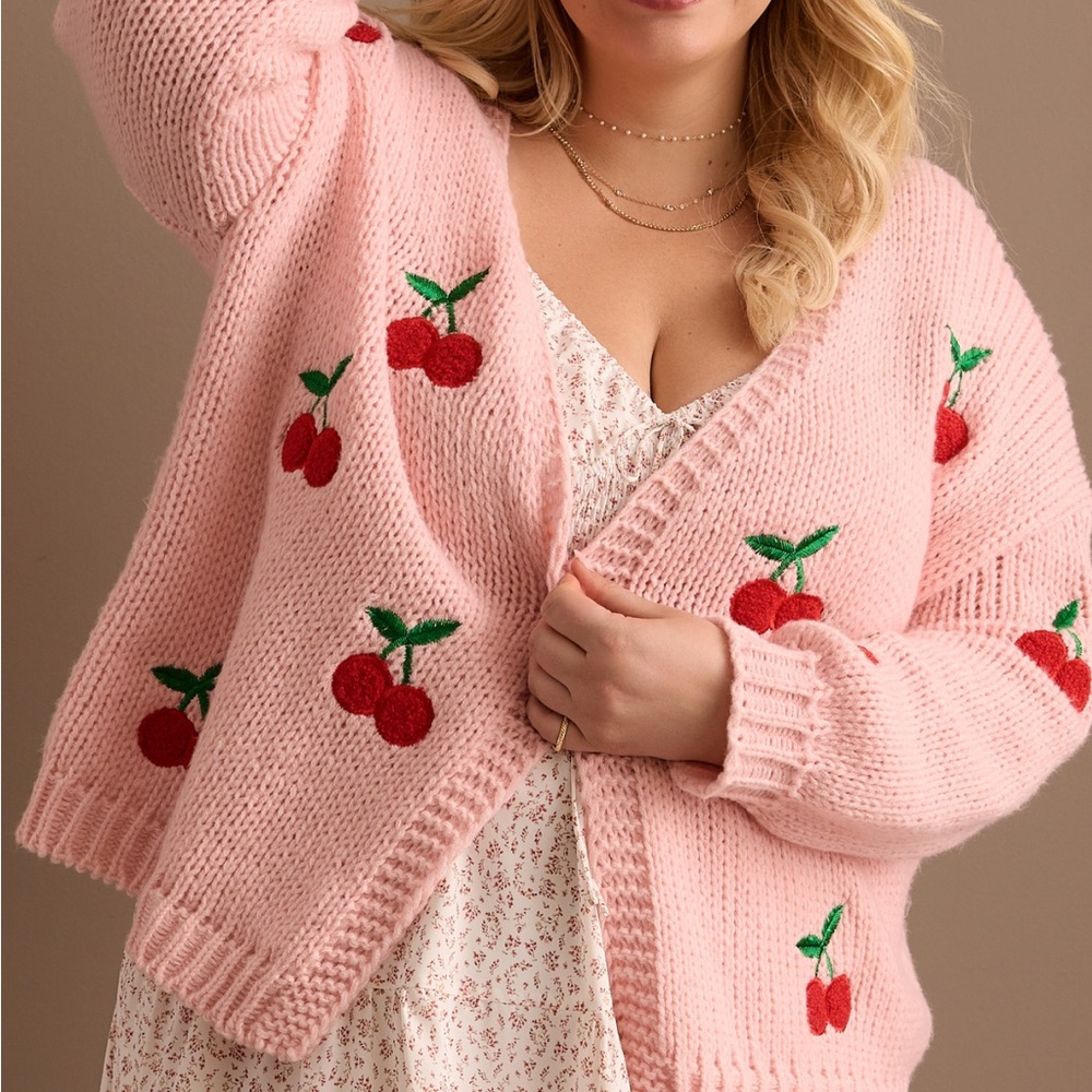 ARULA Pink and Red Cardigan Sweater with Embroidered Cherries 🍒